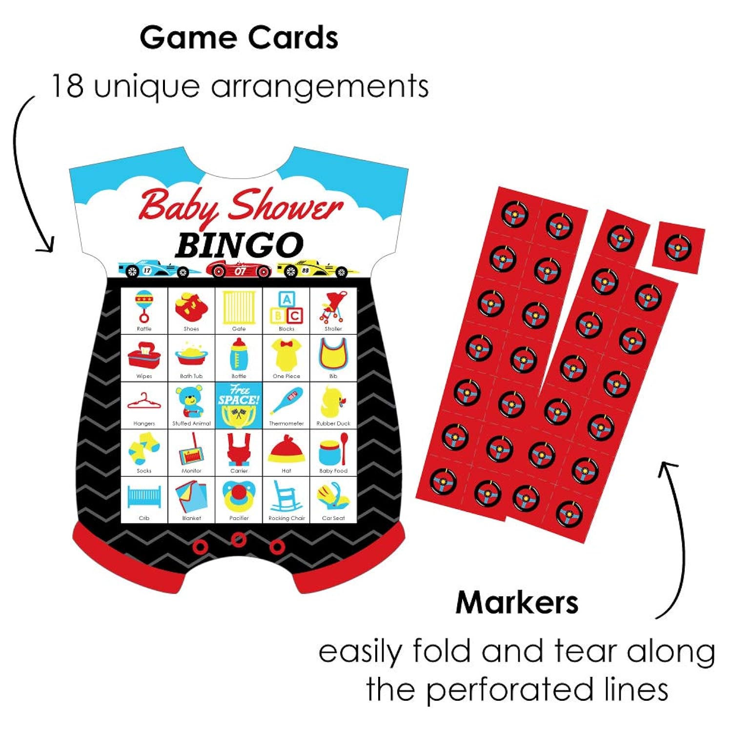 Big Dot of Happiness Let’s Go Racing - Racecar - Picture Bingo Cards and Markers - Race Car Baby Shower Shaped Bingo Game - Set of 18