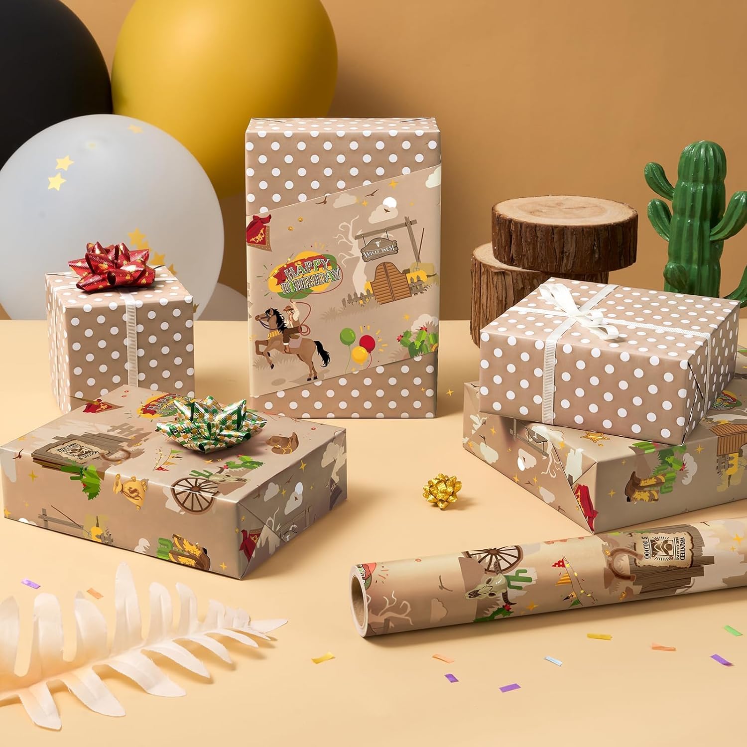 Cowboy Wrapping Paper - 1 Roll 17” X 16.4Ft Western Birthday Gift Wrap Men Boys Birthday Wrapping Paper Brown Cowboy Gift Packing Decoration Reversible Polka Dot Design