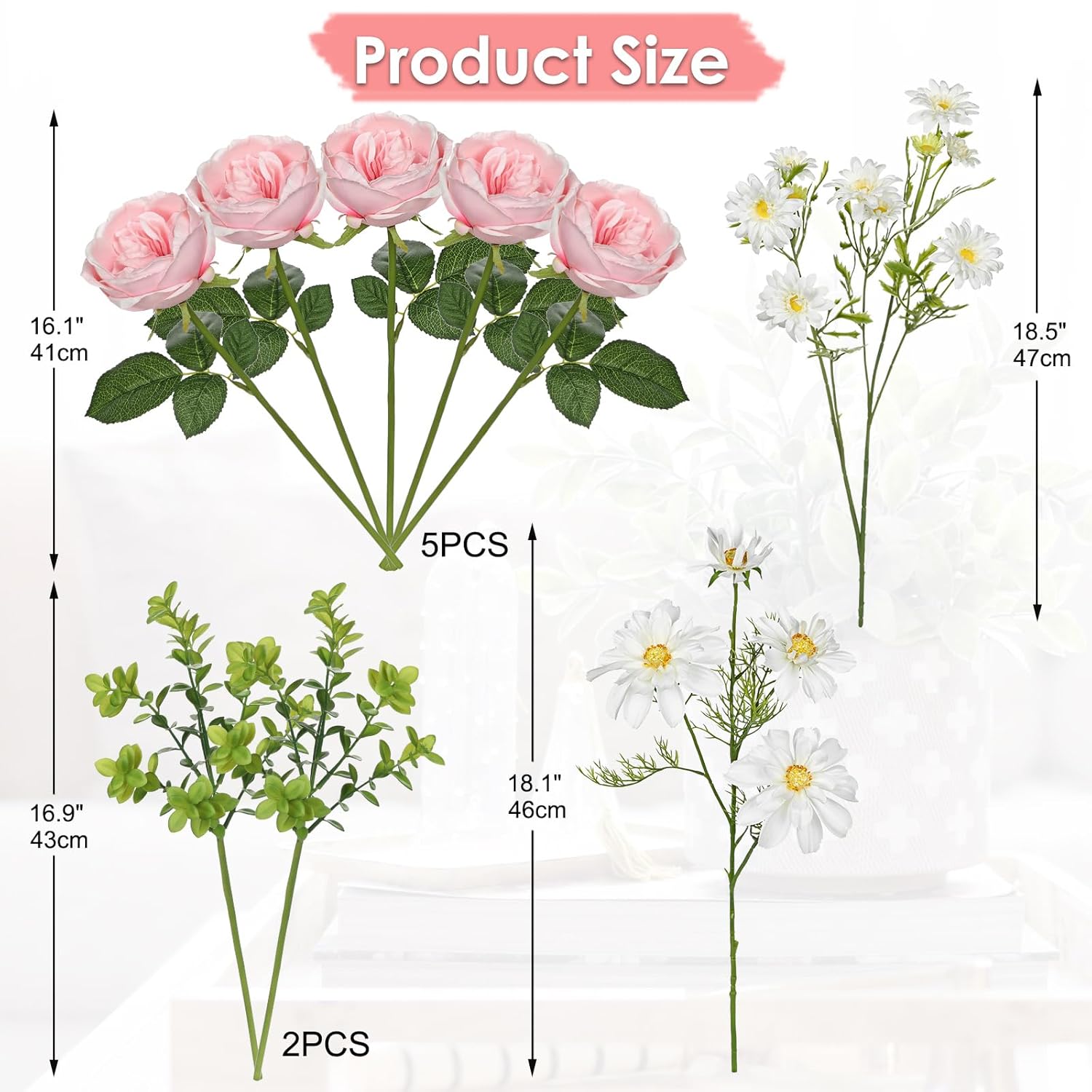 Peonies Artificial Flowers, 9Pcs Mixed Pink Faux Flowers With Peonies & Daisies, Up To 18.5 Inch Long Silk Fake Flowers For Vase Diy Wedding Bouquet Party Centerpieces Arrangement Home Decor