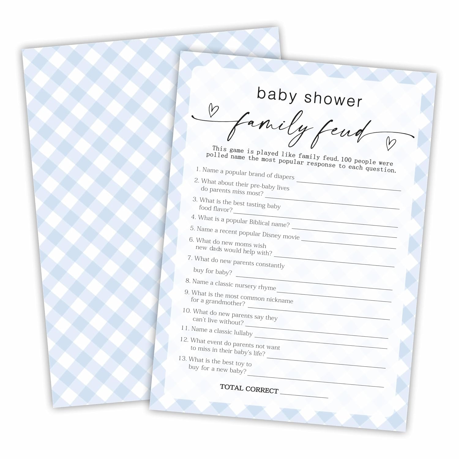 Family Feud Baby Shower Game Cards, Fun Games For Boy Or Girl, Gender Neutral Modern Minimal Design, Party Activities, 30 Game Cards + 1 Answer Card 5X7 Inches (Blue) - A06