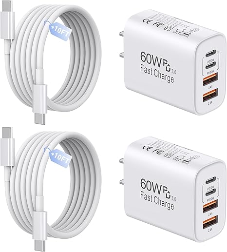 2 Pack 60W USB C Fast Charger with 10FT USB C Cable 4 Port Charger Block for iPhone 17 16 15 iPad AirPods