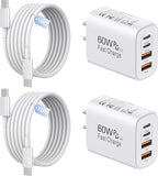 2 Pack 60W USB C Fast Charger with 10FT USB C Cable 4 Port Charger Block for iPhone 17 16 15 iPad AirPods