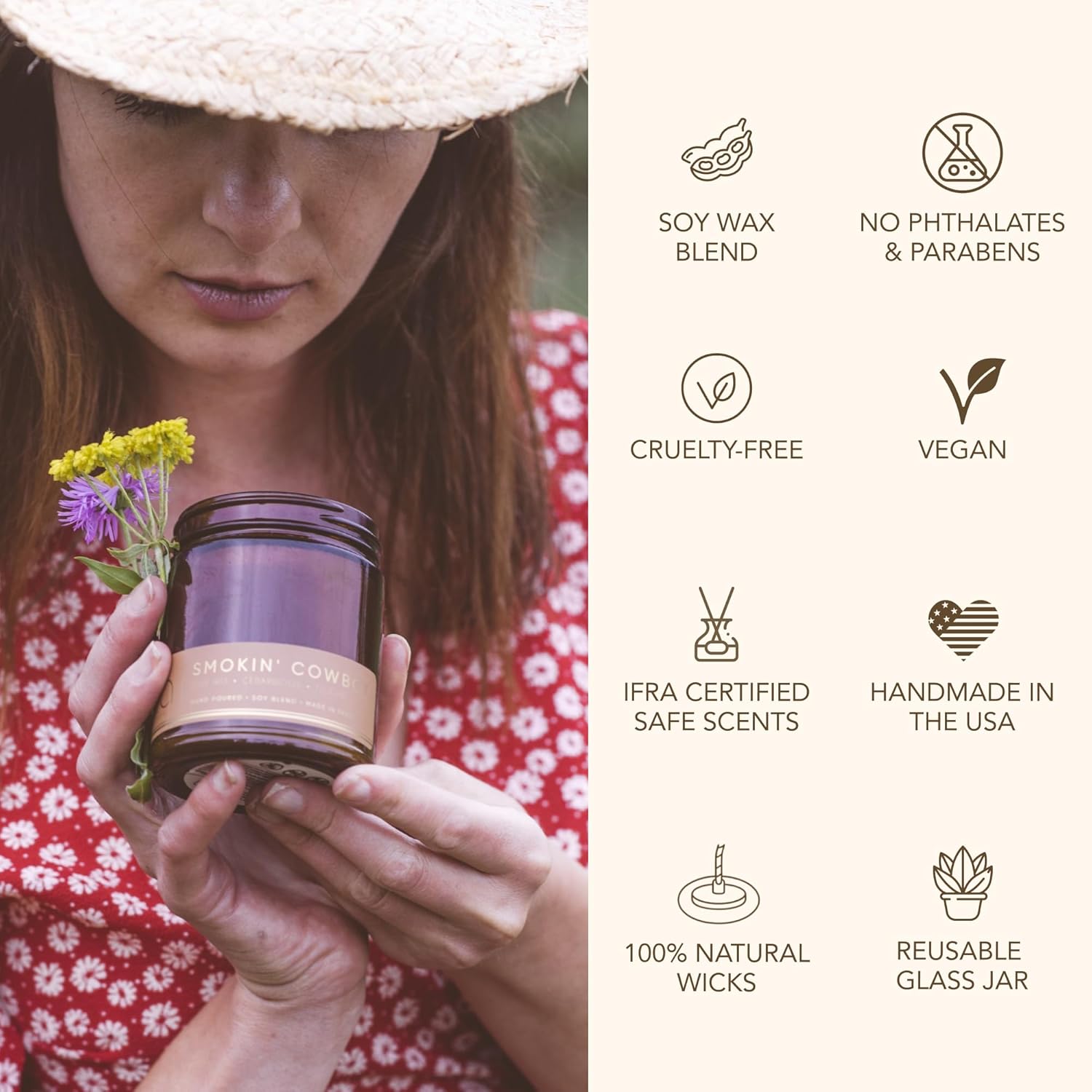 Bia Candle Co Soy Blend Candle, Woody Tuscan Leather, Sandalwood & Cedar With Iris – Long-Lasting Clean Burn, Lead-Free Wick – Brown Glass Jar, Gold Lid – Smokin’ Cowboy Scent, 7 Oz