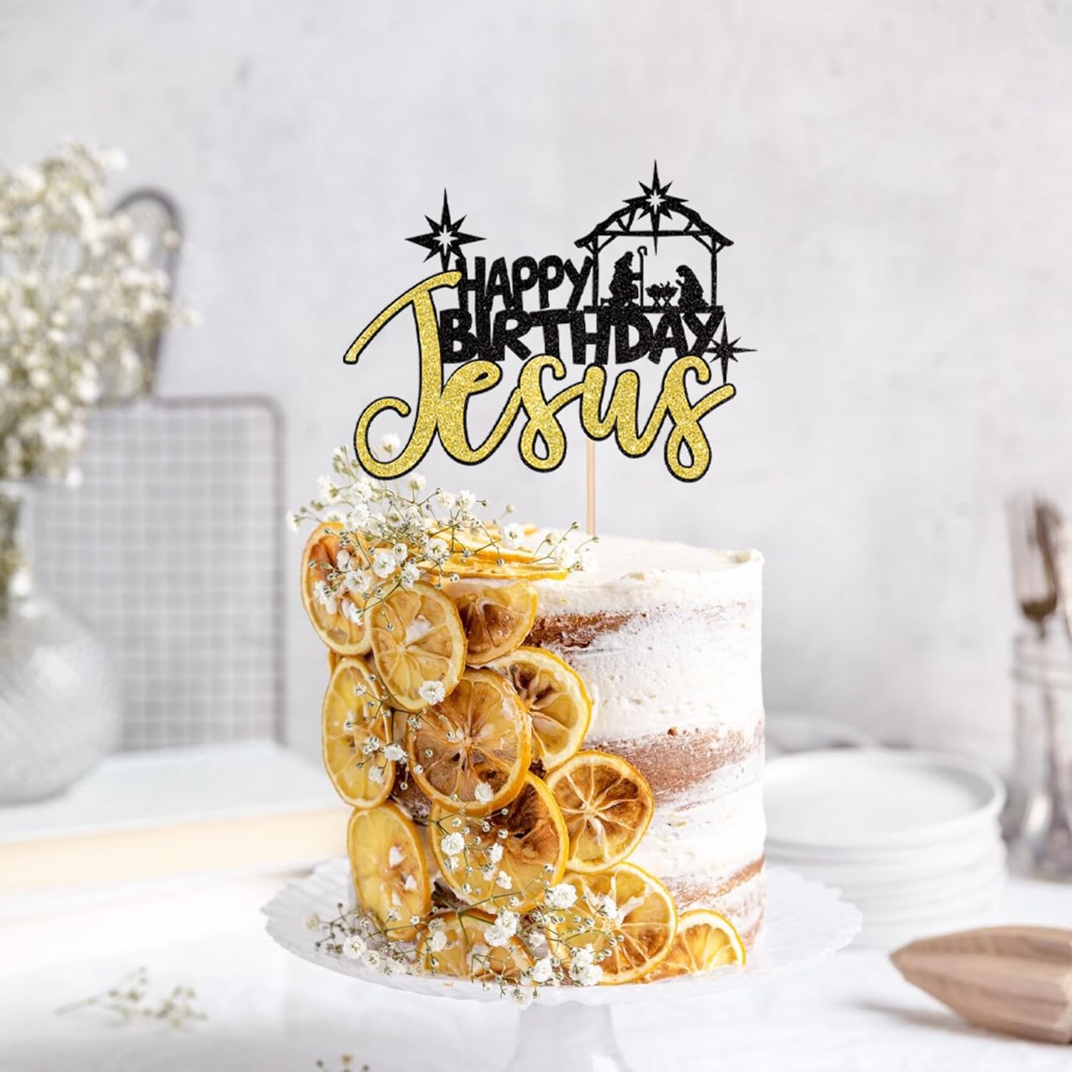1 Pcs Happy Birthday Jesus Cake Topper Glitter Merry Christmas Nativity Jesus Birthday Cake Pick For Nativity Scene Theme Christmas Jesus Birthday Party Cake Decorations Supplies Black Gold