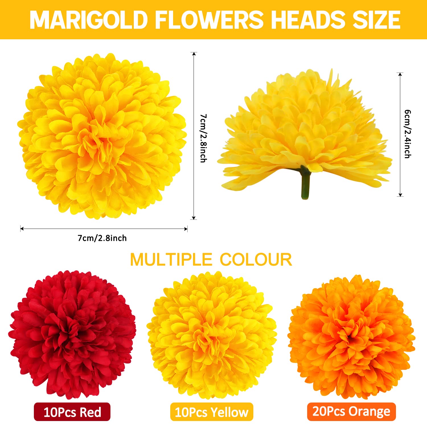 40Pcs 2.75'' Marigold Flowers Heads Bulk, Silk Marigold Artificial Flowers For Diwali Home Decor Diy Wreath Garland Craft Baby Shower Wedding Mexican Party Decoration Halloween New Year Decor?Mix-1?