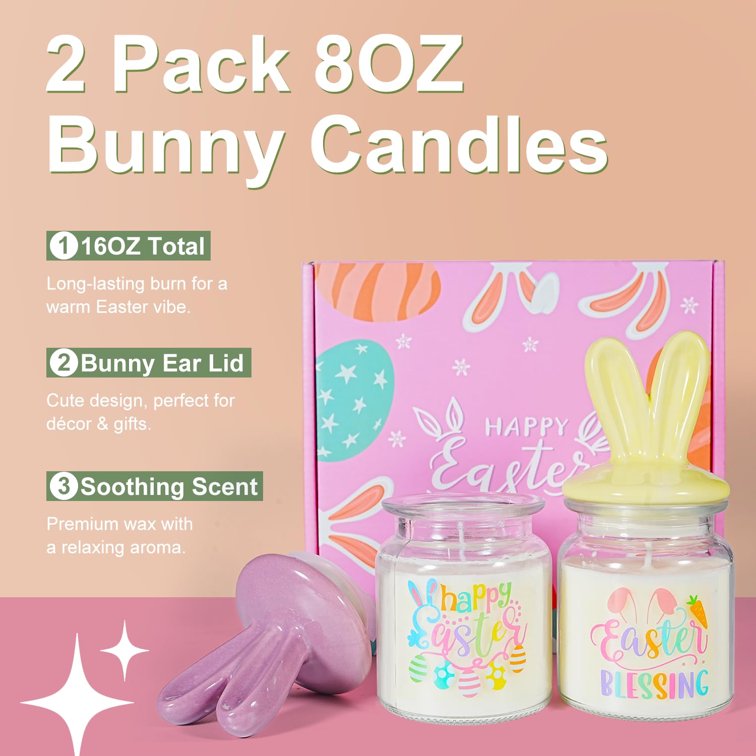 Easter Basket Essentials Stuffers For Adult Teens, 16Oz Bunny Scented Candles Easter Gifts For Women With 40 Hours Burning Time Holiday Gifts For Teen Girls