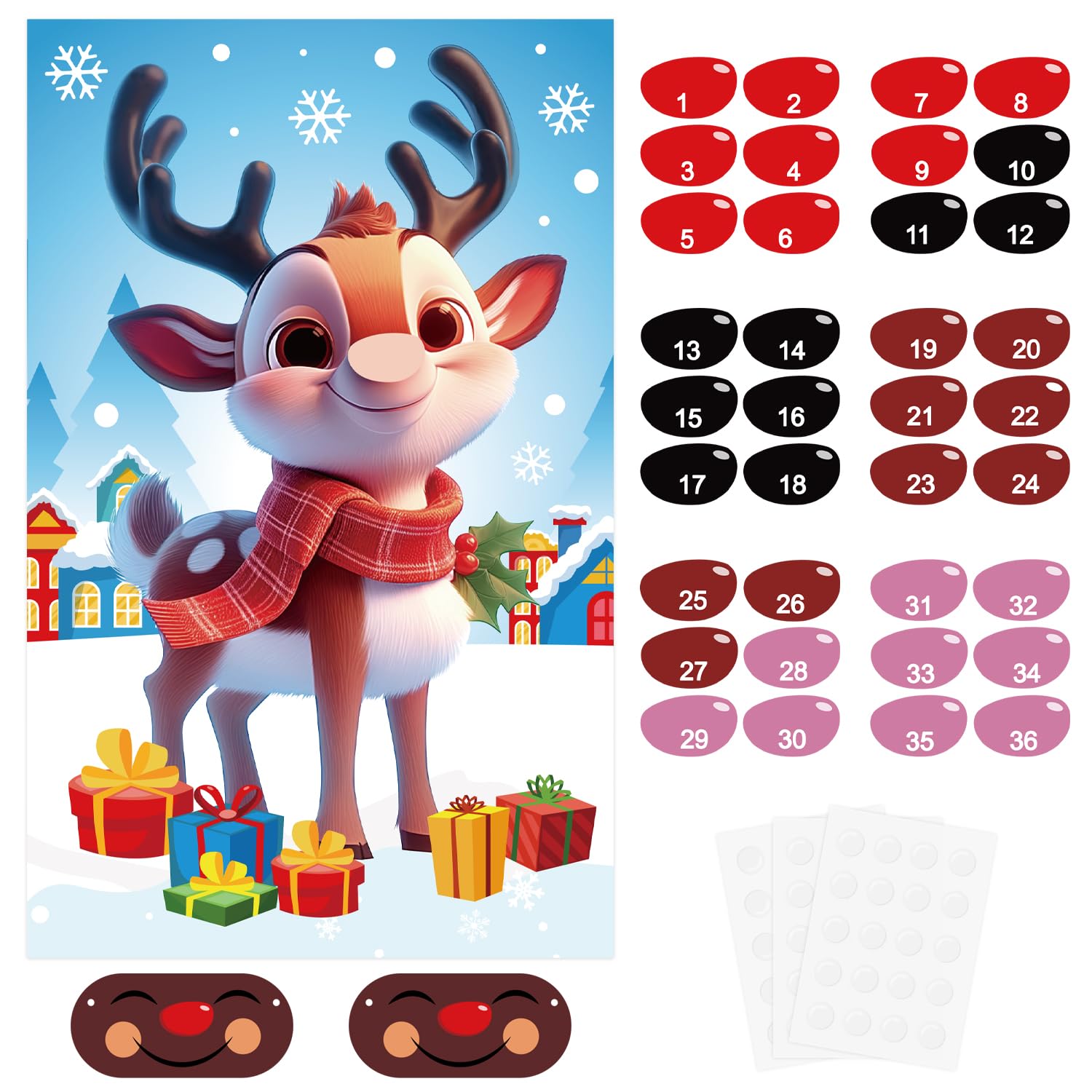 Pin The Nose On The Reindeer, Cute Christmas Pin The Nose On Rudolph Game Holiday Games For Kids Winter Party Game With Blindfold