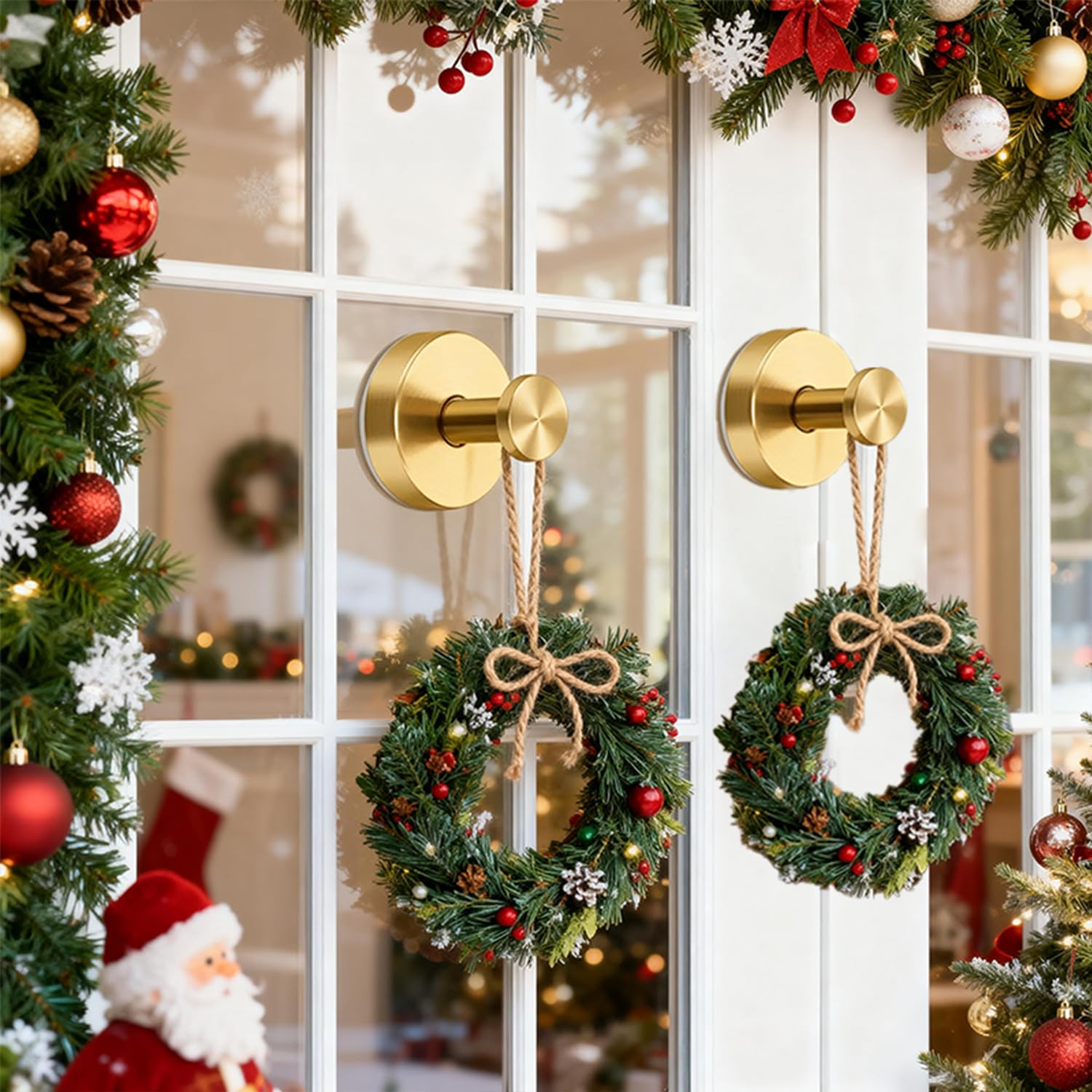 4Pack Suction Cup Hooks, Wreath Hangers For Front Door, New No Drill Door Garland Hanger For Door Wreaths, Reusable Holder For Glass Window, Door, Fall, Christmas, Welcome Sign(Gold)