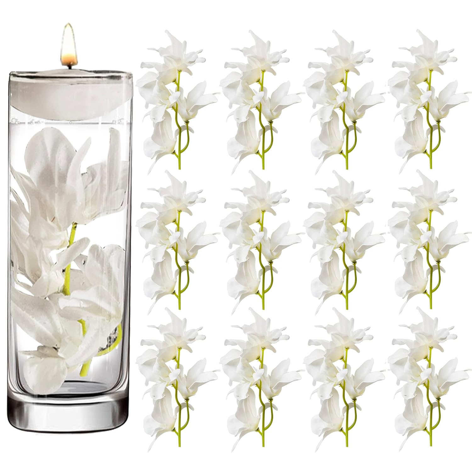 12 Pcs Artificial Orchid Flower For Floating Candle Centerpieces, White Faux Flower Vase Fillers For Wedding Table Party.