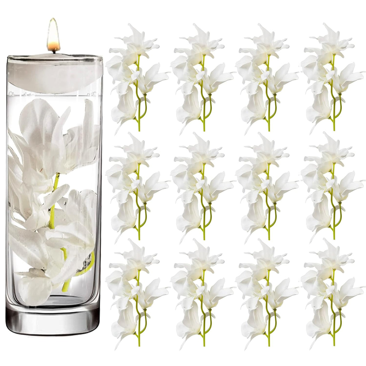 12 Pcs Artificial Orchid Flower For Floating Candle Centerpieces, White Faux Flower Vase Fillers For Wedding Table Party.