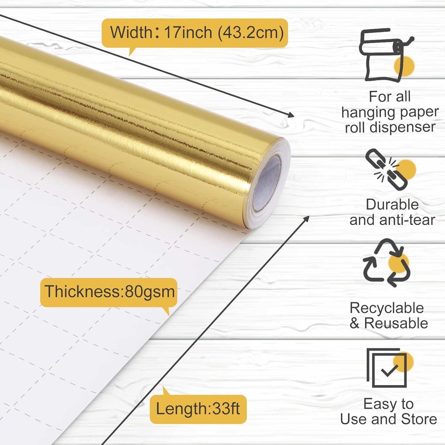 Gold Wrapping Paper, 17Inch X 33Ft Solid Color Metallic Lustre Paper, Gold Gift Wrapping Paper With Grid Cutting Lines Perfect For Christmas, Birthday, Wedding, Valentine, Baby Shower, Arts & Crafts