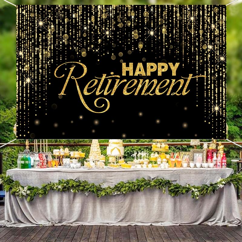 Happy Retirement Backdrop with 70.8"X43.3"?Large Happy Retirement Banner Background Photography with Rope, Party Decoration Supplies for Photo Booth Props Decor Outdoor Indoor (Black-2)