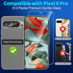 Pixel 9 Pro XL 3+3 Pack Screen Protector, 9H Glass, Case Friendly, HD Clear