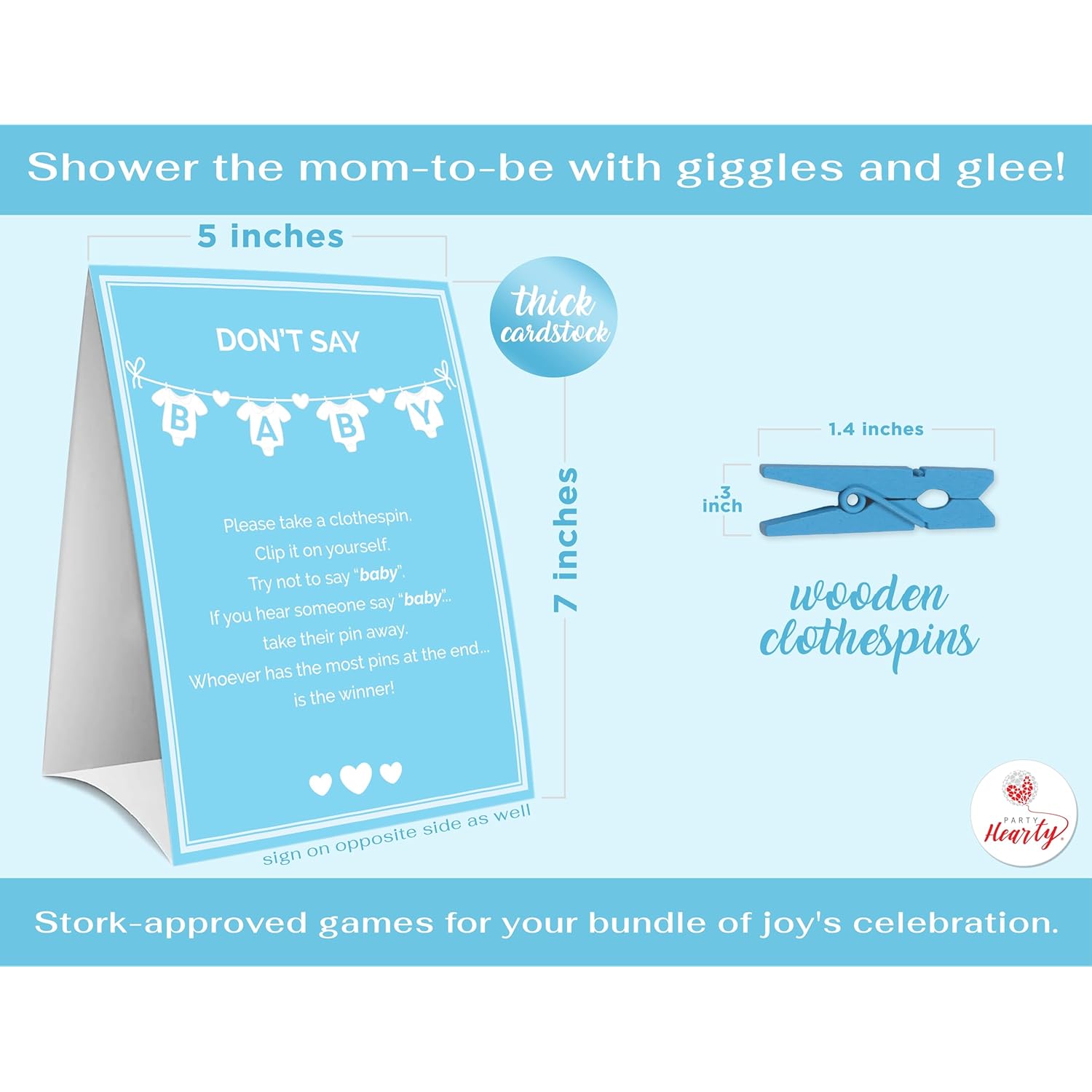 Baby Shower Games For Boy, Don'T Say Baby Game,1 Sign And 50 Mini Blue Clothespins, Shower Game Ideas