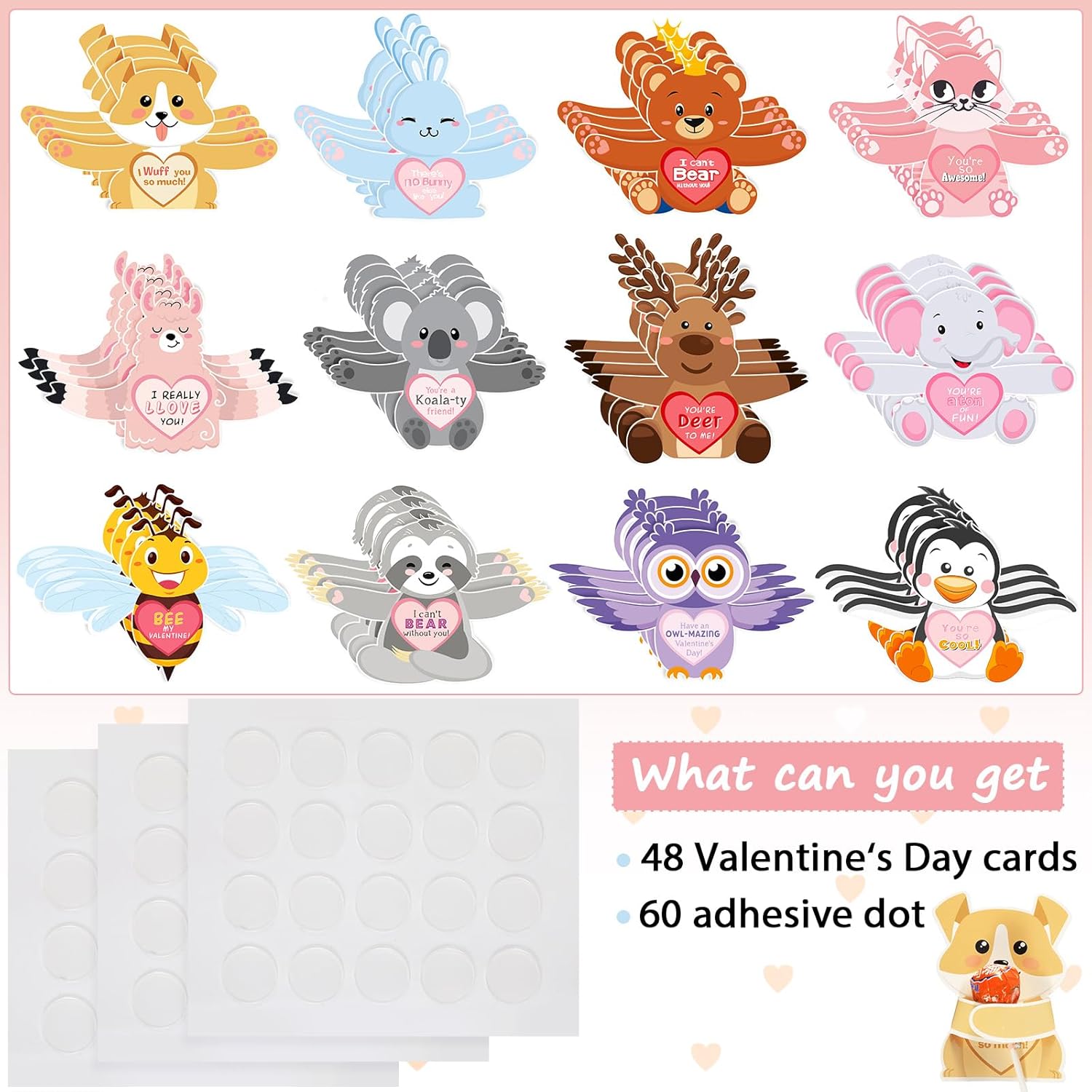 48 Pieces Valentine‘S Day Cards With Animal Designs Kids Gifts Valentine Greeting Cards Lollipop Holder Koala Dog Candy Valentine School Class Exchange Party Favors