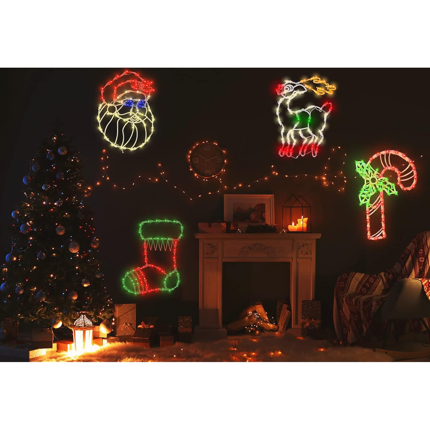Christmas Lights - 4 Pack 16” Christmas Window Silhouette Light Led String Light Include Candy Cane Stocking Santa Reind
