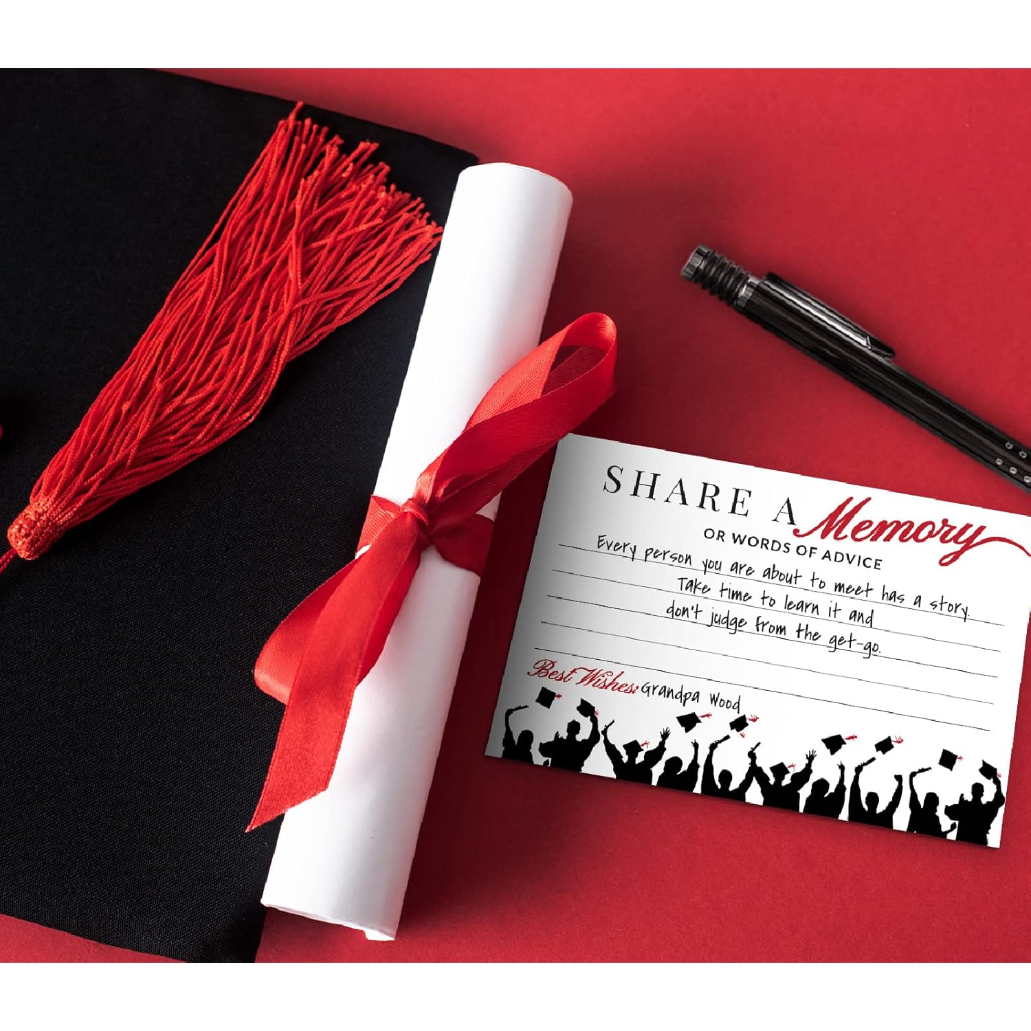 50- Red Graduation Share A Memory Or Advice Cards For The Graduate - Party Games Ideas Activities Supplies Decorations Grad Celebration College, High School, University- Red & Black- Made In The Usa