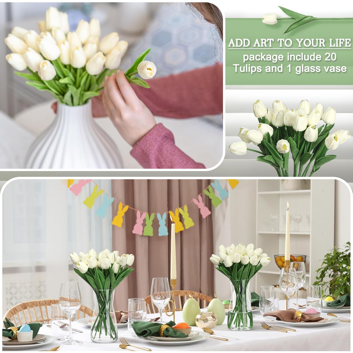 20Pcs Artificial Tulips 14 Inch Real Touch Silk Fake Flowers With Vase For Spring Easter Home Kitchen Wedding Bouquet Bulk Mother'S Day Valentine'S Day Decorations(Cream White)