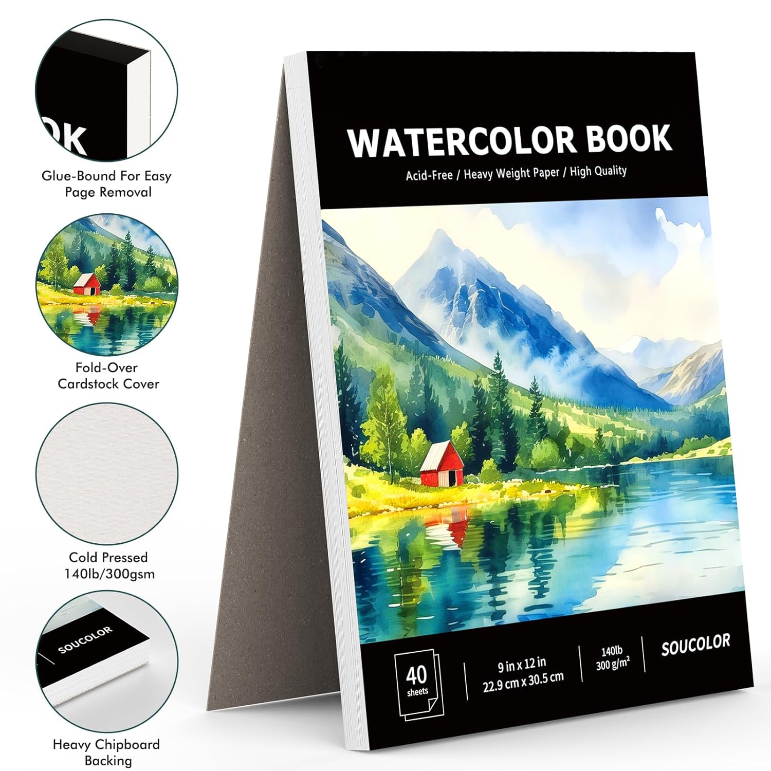 Watercolor Paper Pad, 9"X12" Water Color Paper, 140Lb/300Gsm 40 Sheets Artist Painting Drawing Paper Book, Art Supplies For Adults, Watercolor Paint Set, Sketchbook, Journal, Notebook