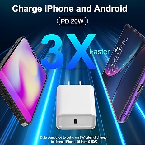 3 Pack 20W USB C Fast Charger with 10FT Cable for iPhone 17 16 15 14 PD Charging