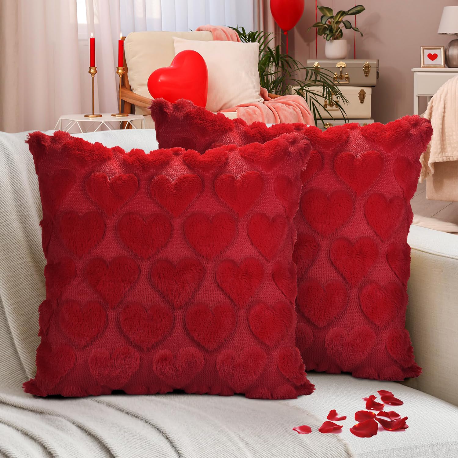 Valentines Pillow Covers 18X18 Inch Set Of 2, Red Heart Soft Plush Short Throw Pillow Cover, Valentines Day Decoration Case Pillow For Sofa Couch Bed Holiday Outdoor Home Decorations