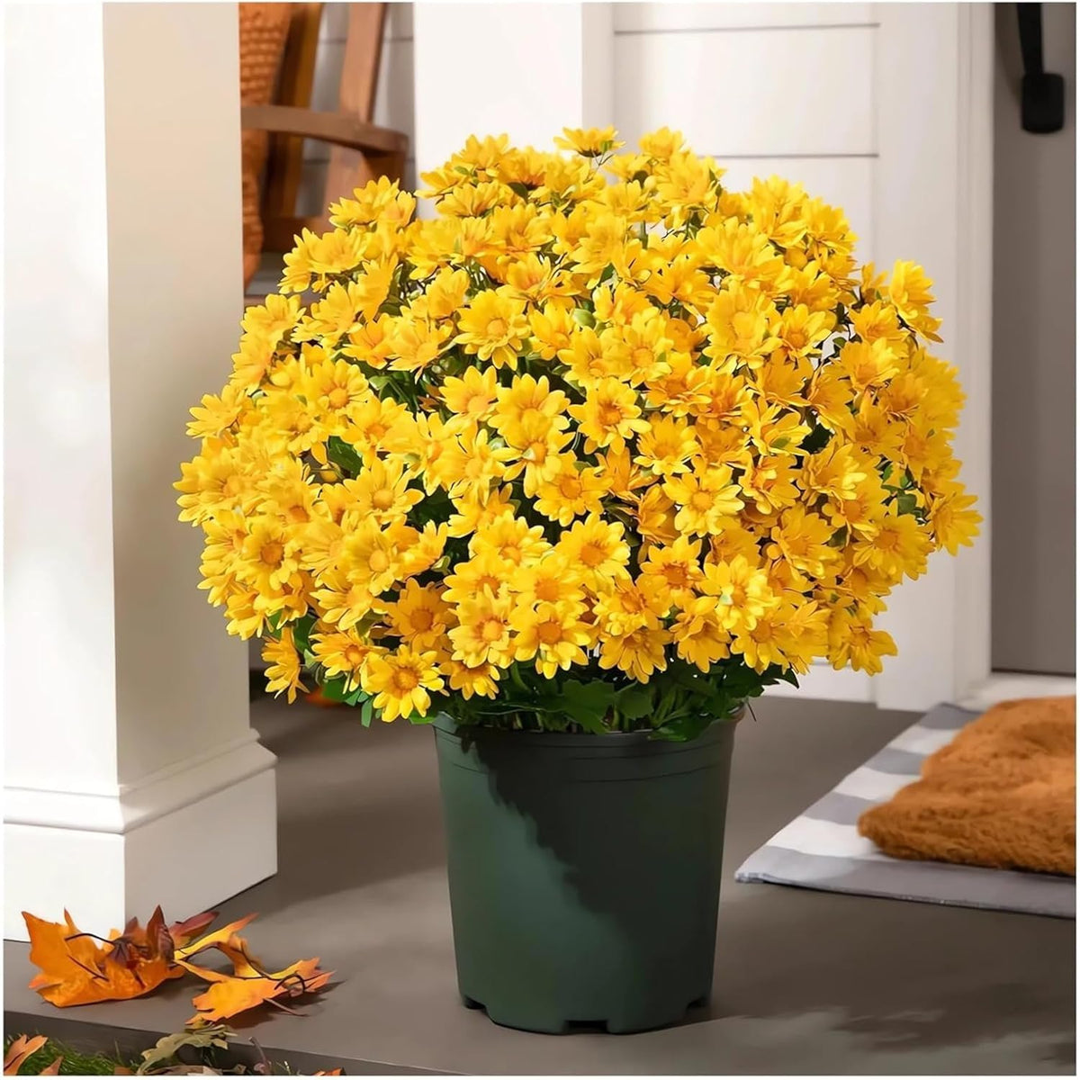 5Pcs Funsdecor Artificial Sunset Mums, Waterproof & Windproof Fake Flowers For Outdoor Fall Decor, Realistic Daisy With Eucalyptus, Full & Vibrant Look (Yellow)
