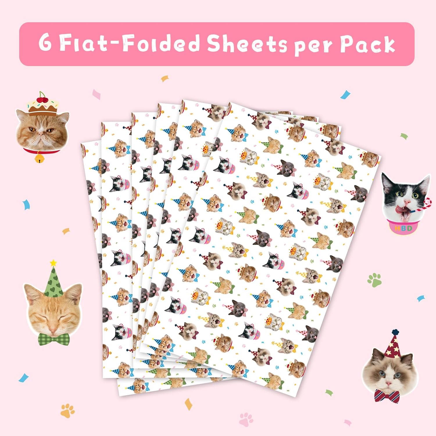 Cat Birthday Wrapping Paper - 6 Sheets 19.7” X 27.5” White Cat Gift Wrapping Paper For Kids Birthday Party Gift Packing Supply Funny Cute Theme Decor Favor
