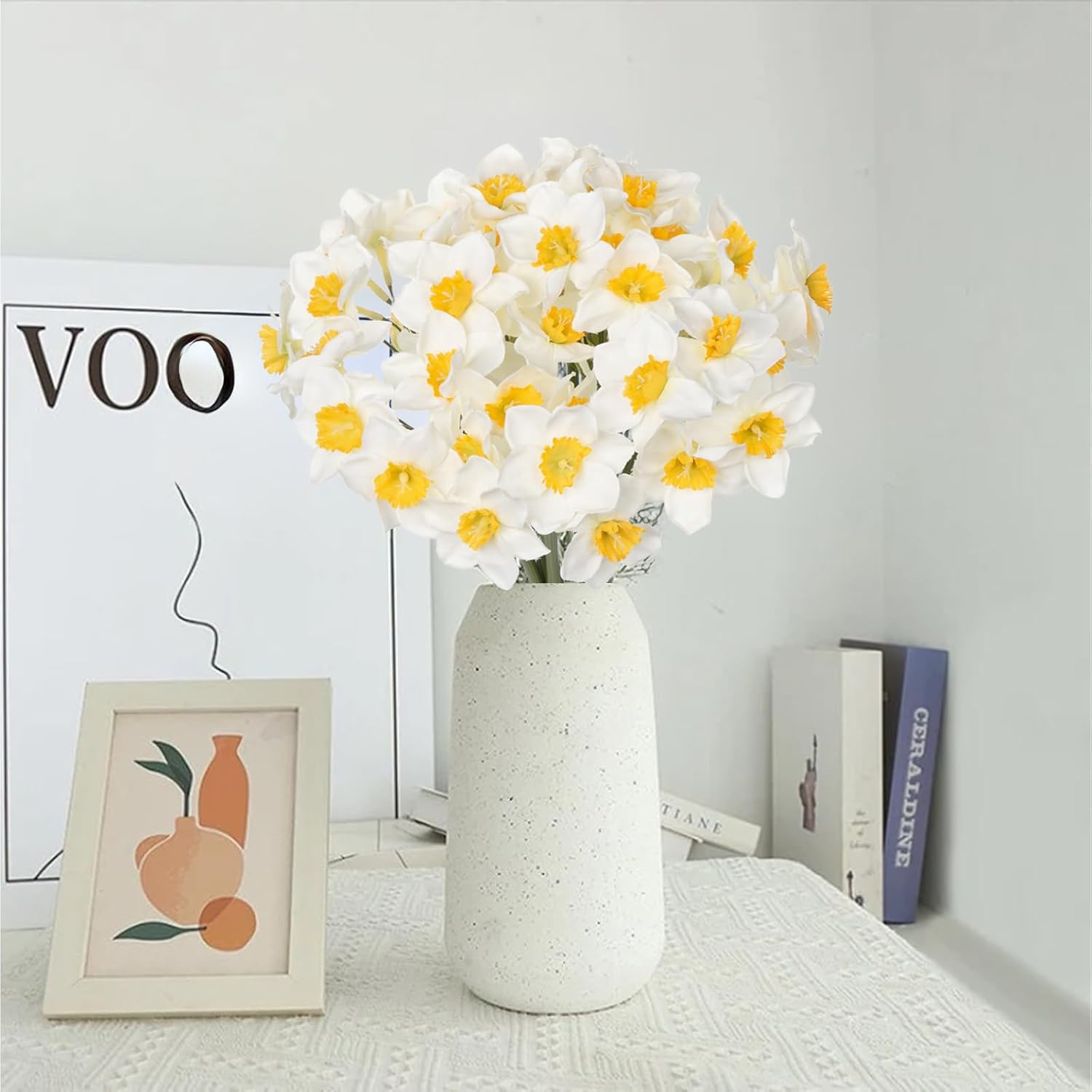 12 Stems Daffodils Artificial Flowers 2 Bunches Real Touch Fake Narcissus Flower 9In Silk Spring Fake Flowers Wedding Floral Decor Bouquet For Home Party Wedding Office Anniversary Decor,White
