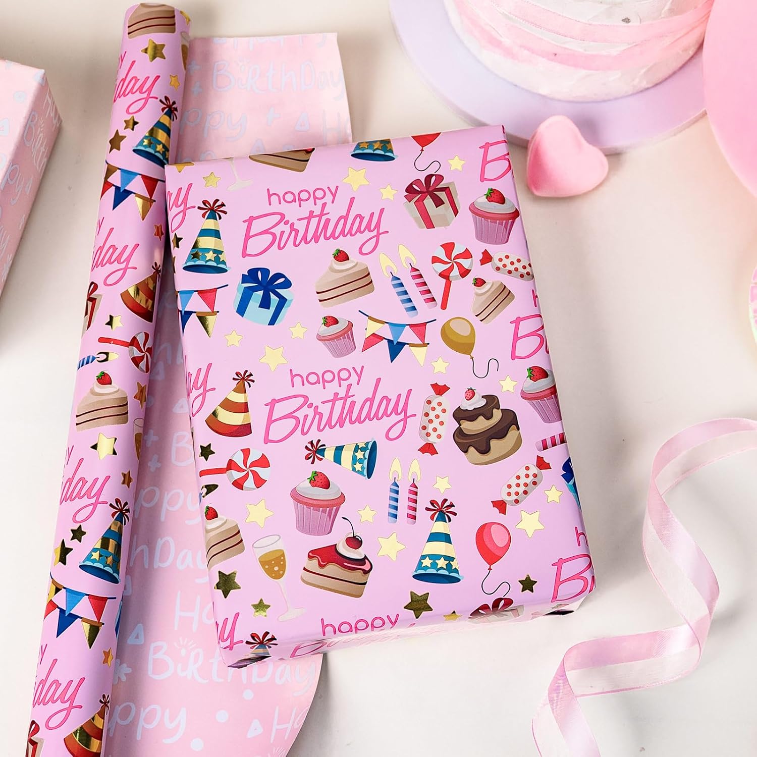 Pink Wrapping Paper, Reversible Happy Birthday Letterings & Festive Party Icons Gift Wrap For Girls, Birthday, Baby Shower, Party (17 Inch X 16.5 Feet)