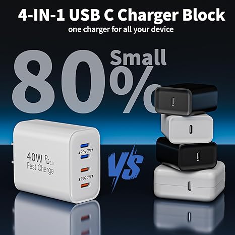 3 Pack 40W 4 Port USB C Fast Wall Charger with 6FT USB C Cables for iPhone 17 16 15 iPad