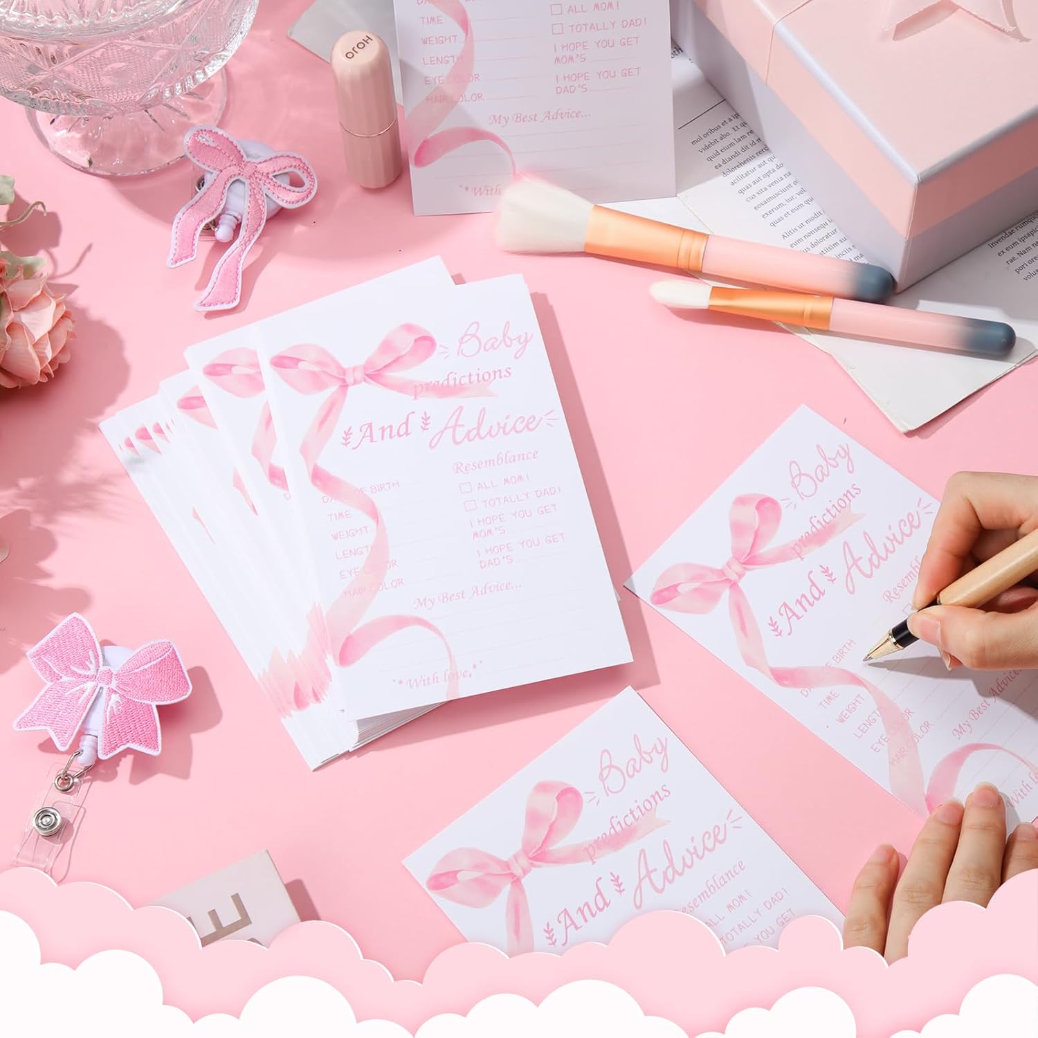 50 Pcs Coquette Baby Shower Prediction And Advice Cards Pink Bow Prediction Wishes For Baby Shower Games Activity Gender Reveal Party Supplies Mom Dad Party Decorations