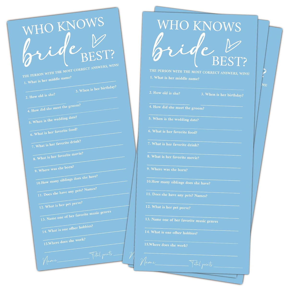 Minimalist Blue Wedding Shower Games Cards, Who Knows Bride Best, Bridal Shower Games, Engagement Party Wedding Card For 25 Guests, Bridal Party Supplies 4X9Inch-A16