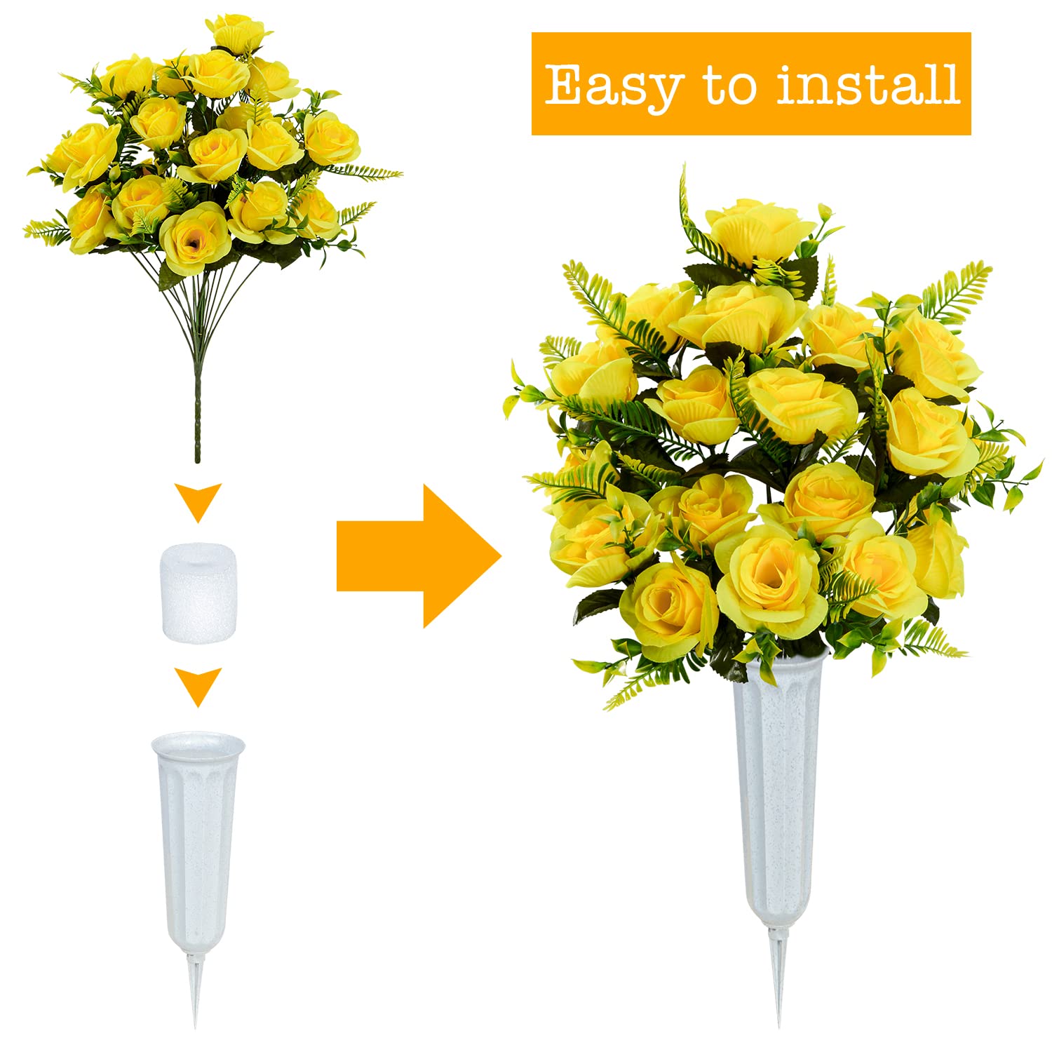 Artificial Cemetery Flowers With Vase, Set Of 2 Artificial Rose Bouquet Graveyard Memorial Flowers For Cemetery Headstones Decoration (Yellow-2Pcs)