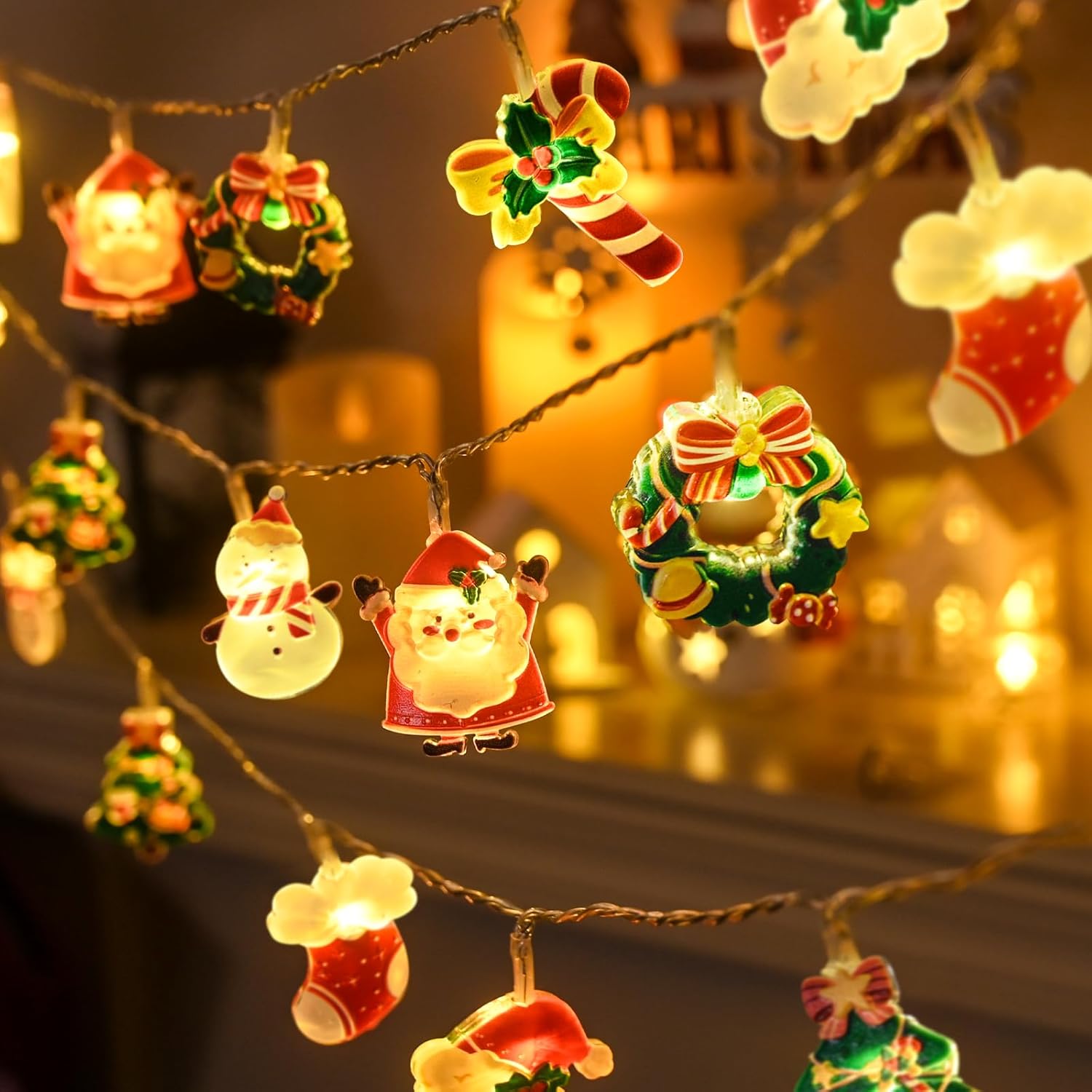 Christmas Fairy String Lights, 20 Led Xmas Warm White Lights Hanging Decors With Santa Claus Wreath Tree Snowman Candy C