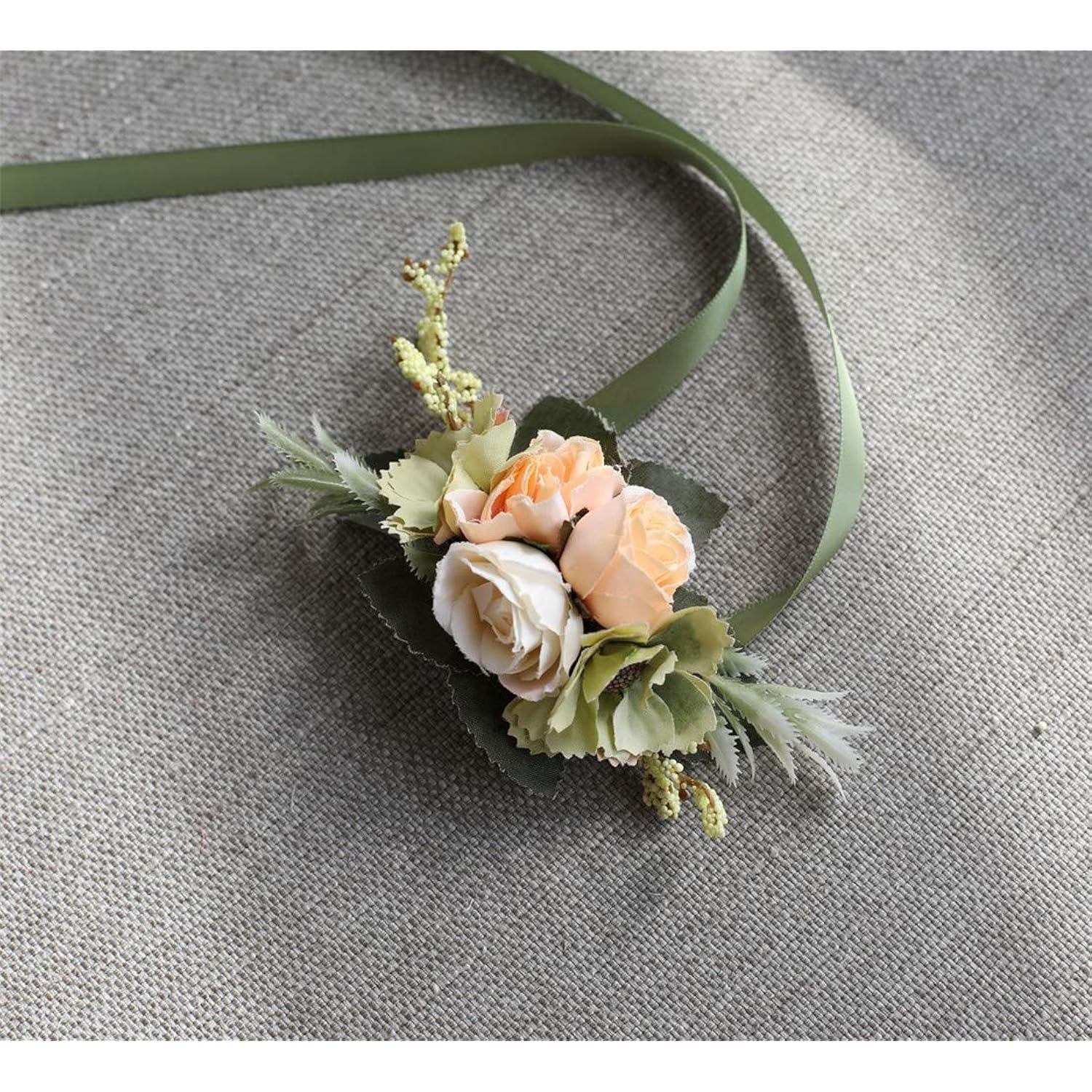 Rose Wedding Wrist Corsage And Boutonniere Set Party Prom Hand Ribbon Flower Suit Decor (Champagne)