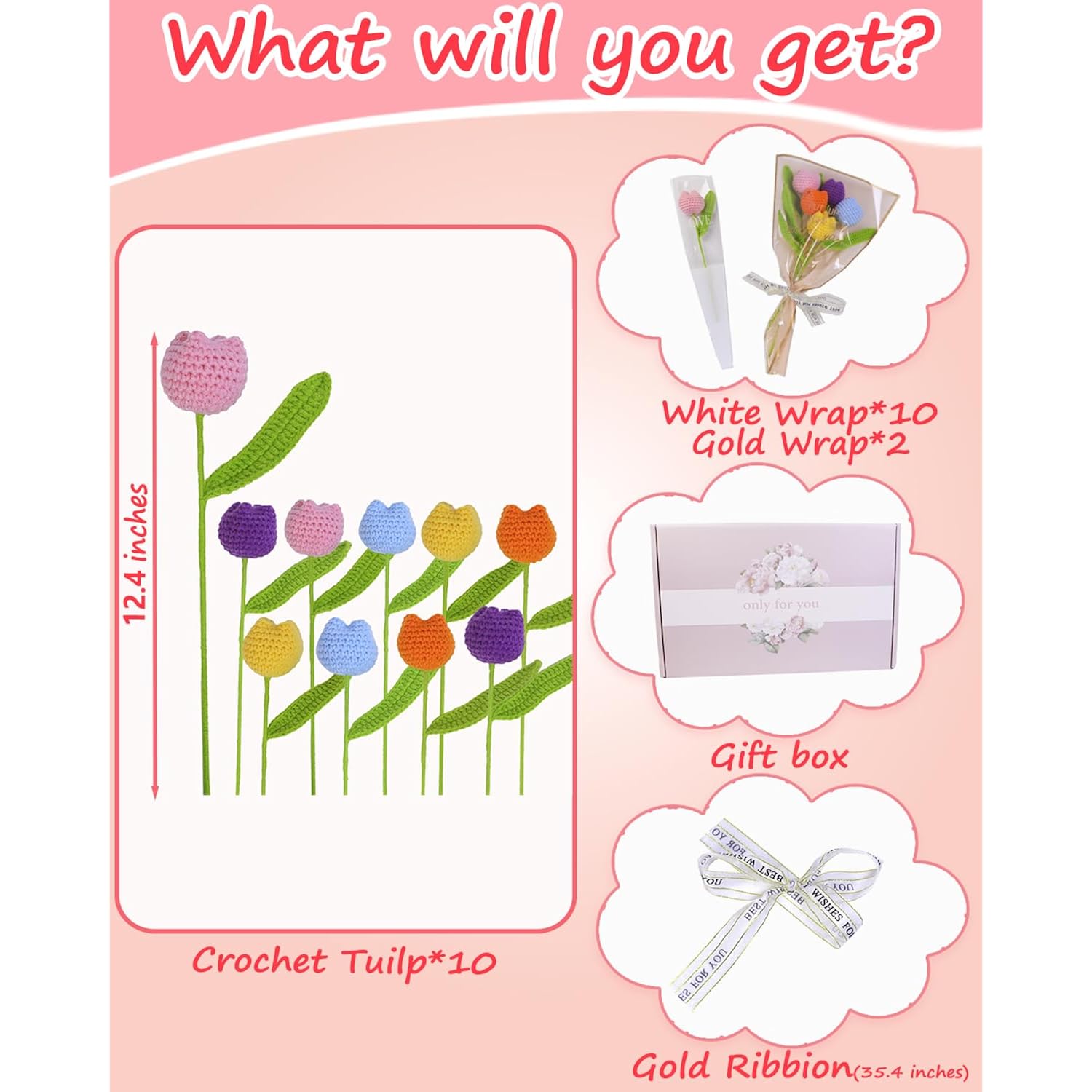 Handmade Crochet Flowers, 10 Pcs Crochet Tulip With 10 Pcs Single Packaging Bags, 2 Pcs Bouquet Sleeves, Gift Box, Preserved Flowers, Perfect For Mom, Teacher, Student, Coworkers, Colorful