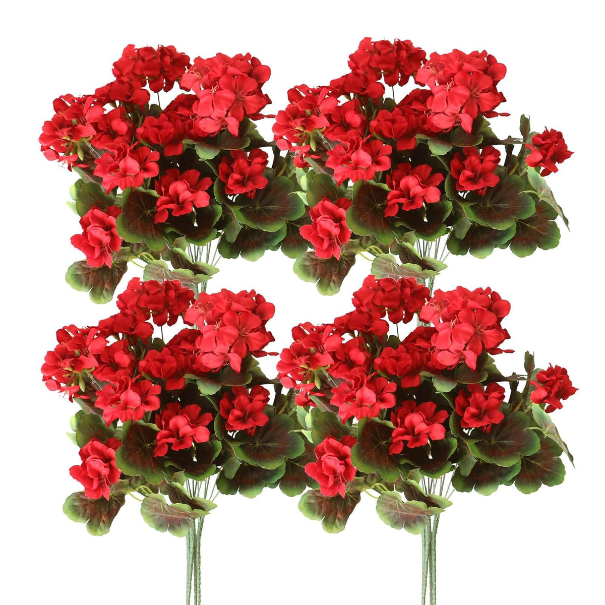 4Pcs Realistic Outdoor Artificial Fake Geraniums Silk Flowers Plants, Uv Resistant, No Fade, Look Real Outside Faux Plastic Greenery Red Flowers For Garden Porch Patio Window Box Hanging Planter