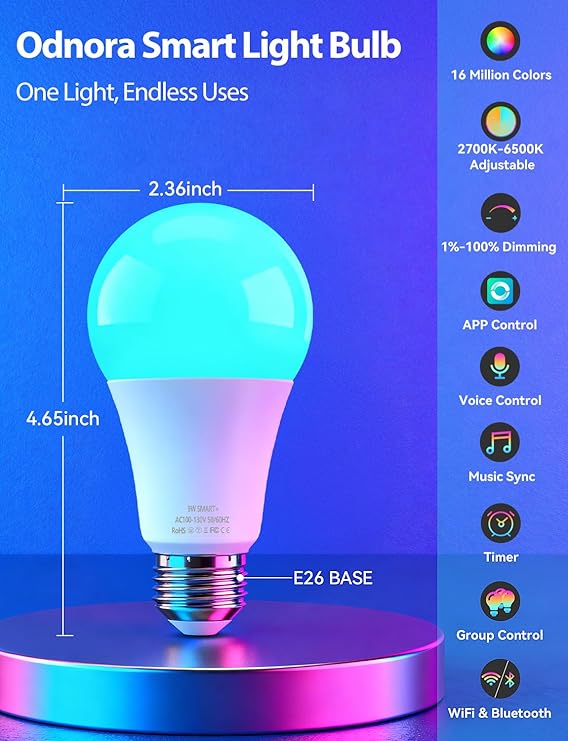 Smart Light Bulbs 2 Pack A19 E26 RGBTW Color Changing WiFi Bluetooth Alexa Google Compatible