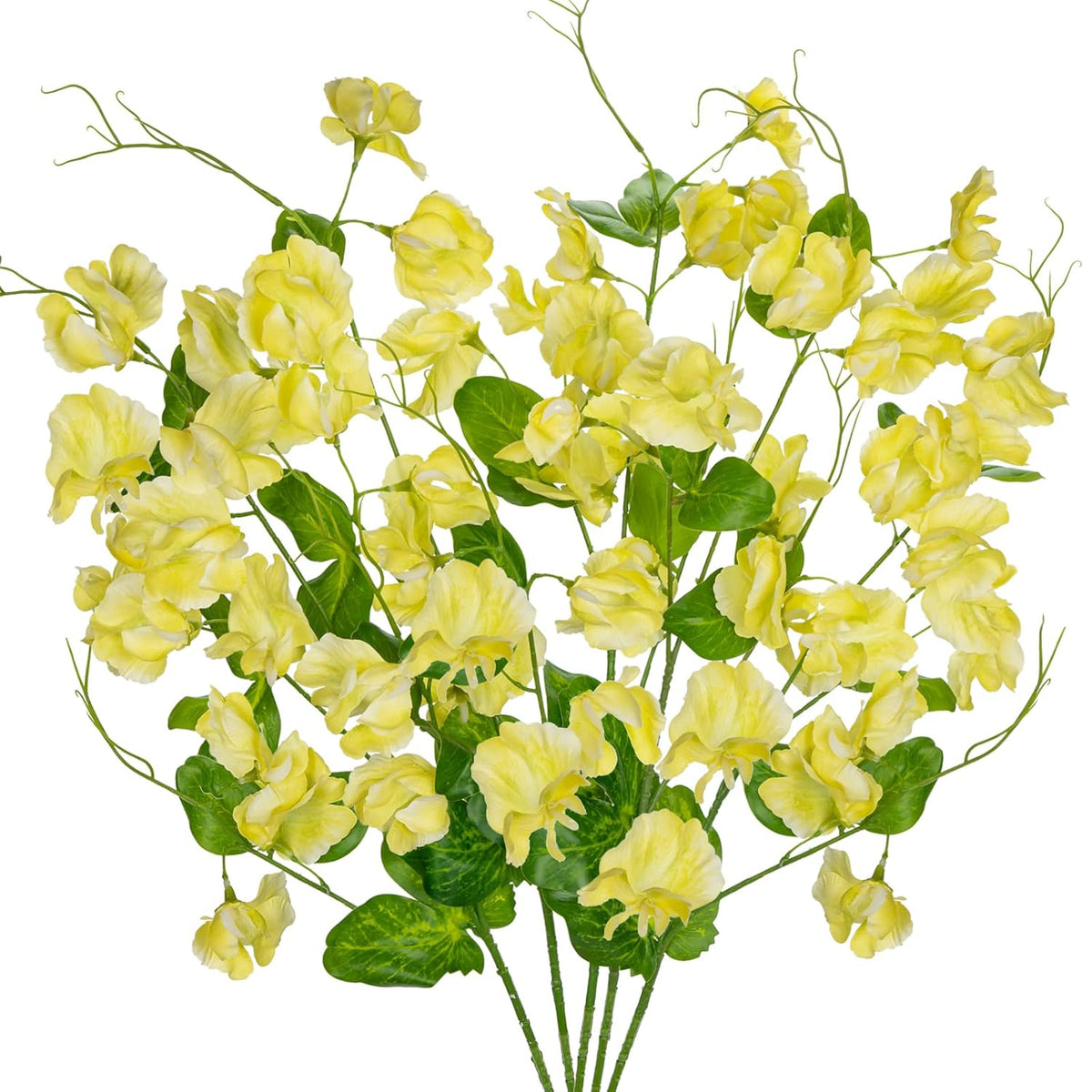 Yellow Artificial Flowers Bouquet, Spring Summer Flower Sprays With Green Leaves Realistic 23.6'' Long Stem Faux Sweet Pea For Home Decor Indoor Vase Farmhouse Wedding, Set Of 5