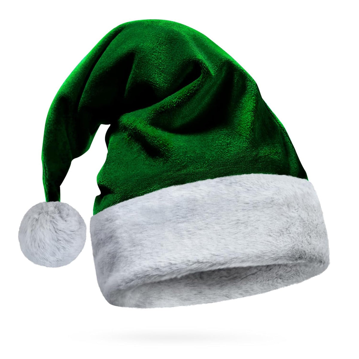 Dark Green Velvet Santa Hat - Gray Faux Fur, Soft Furry Wolf Trim - Luxury Christmas, Goth, Emerald, Deluxe Xmas Headwear - Adult, 1 Size