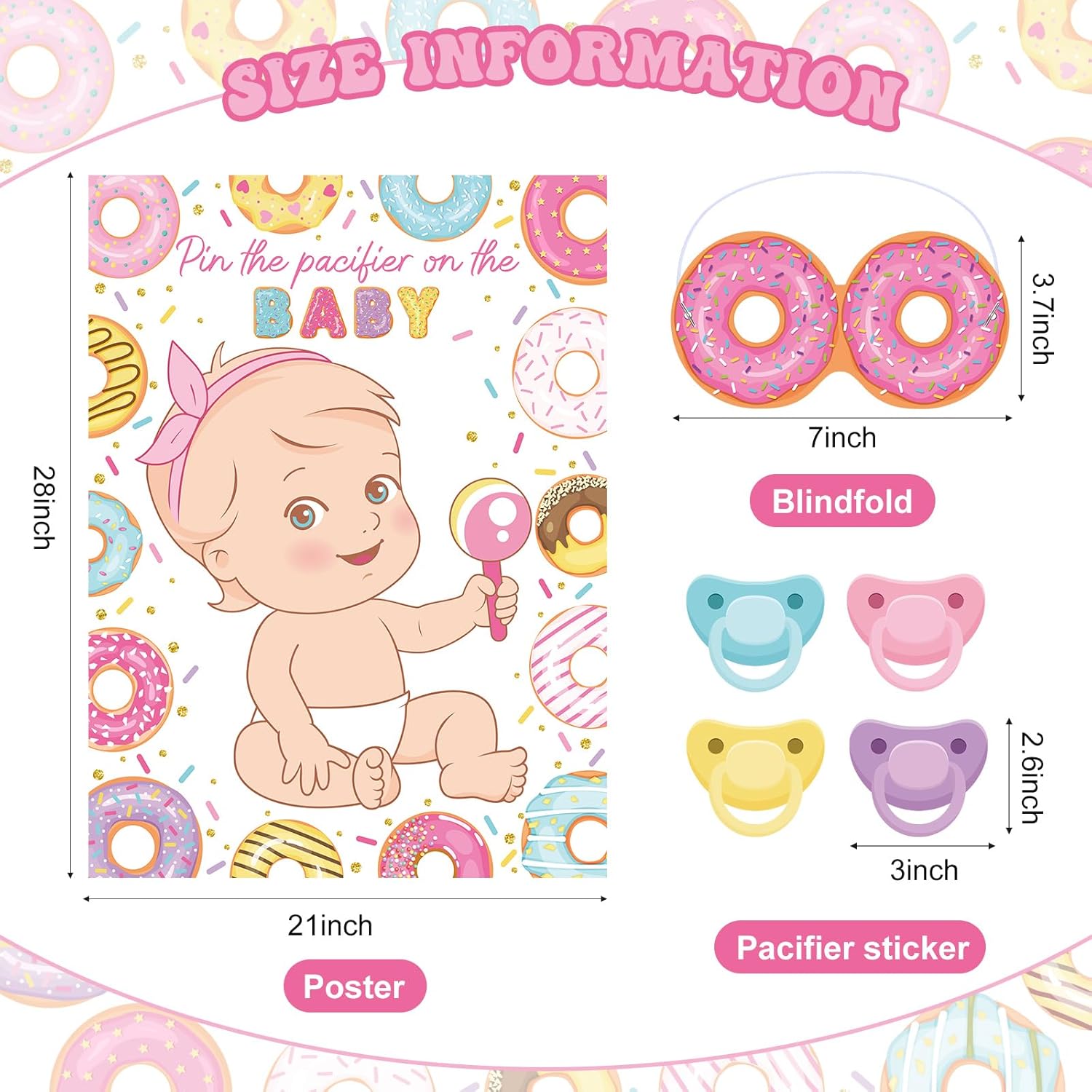 Pin The Pacifier Baby Shower Game Baby Shower Party Decorations Include Large Poster 24 Pacifier Stickers Blindfold Game Set For Birthday Party Decor Supplies (Donut)