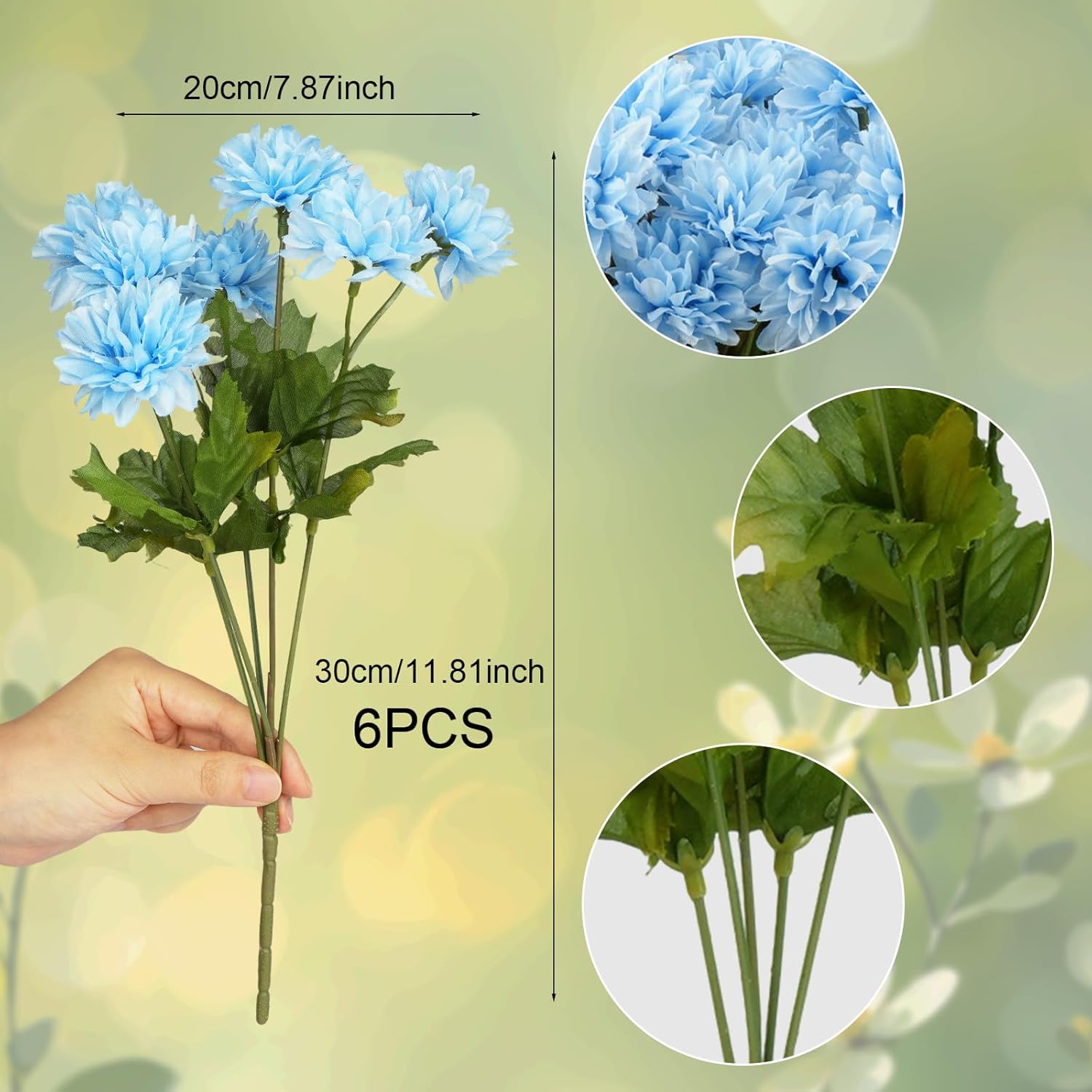 6 Pcs Artificial Chrysanthemum Flowers Fake Mum Balls With Stem Mini Silk Bouquets For Table, Wedding, Party Decorations (Blue)