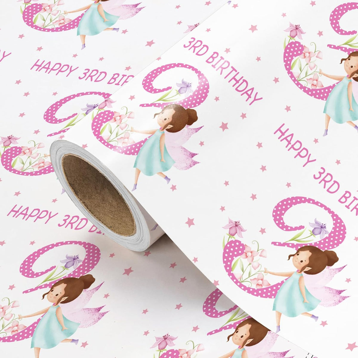 Girls 3Rd Birthday Wrapping Paper Roll - Mini Roll - 17 Inch X 16.5 Feet - Girl Fairy Happy 3Rd Birthday Wrapping Paper Perfect For Kids Girls, Baby Shower, Party