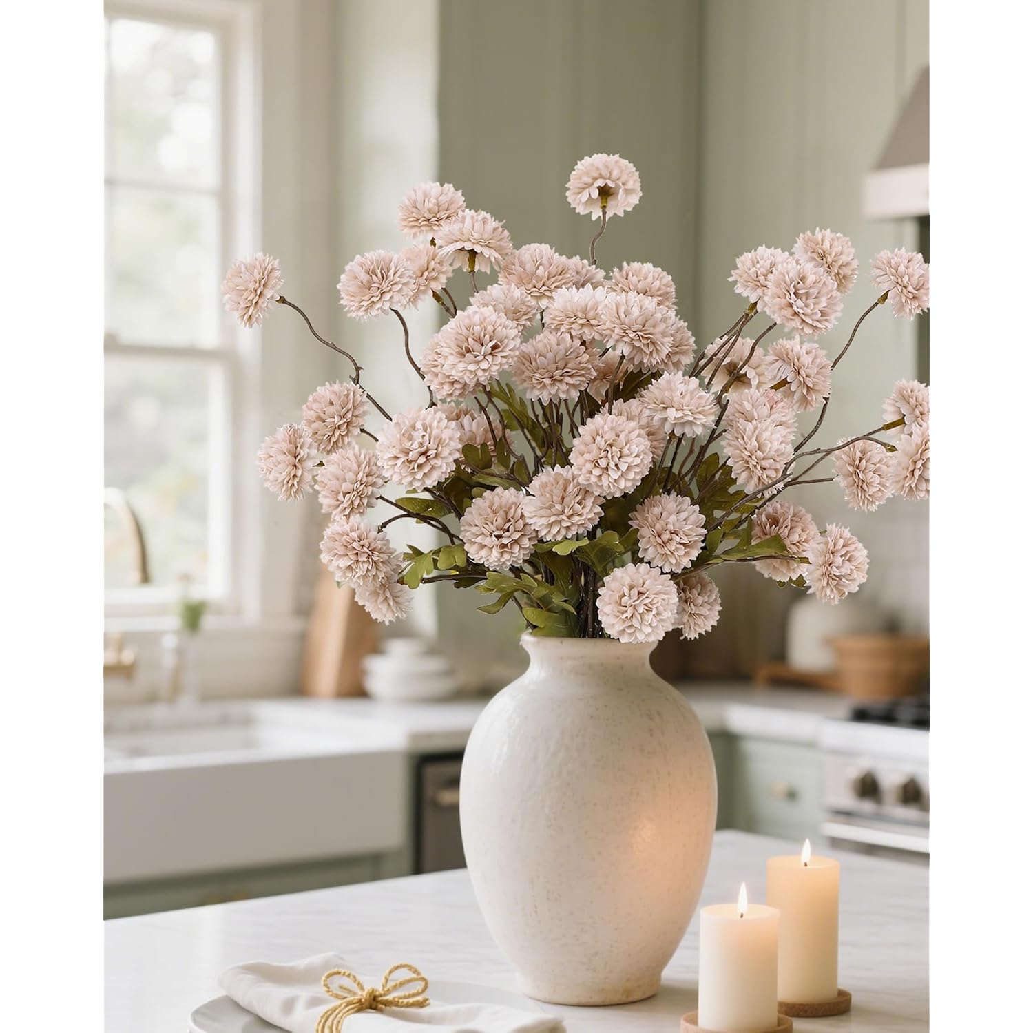 6Pcs Artificial Flowers Faux Silk Pompon Mum,Silk Small Mini Chrysanthemum Ball With Stems For Wedding Diy Champagne Arrangements Bouquets Centerpieces Home Decorations(Beige)