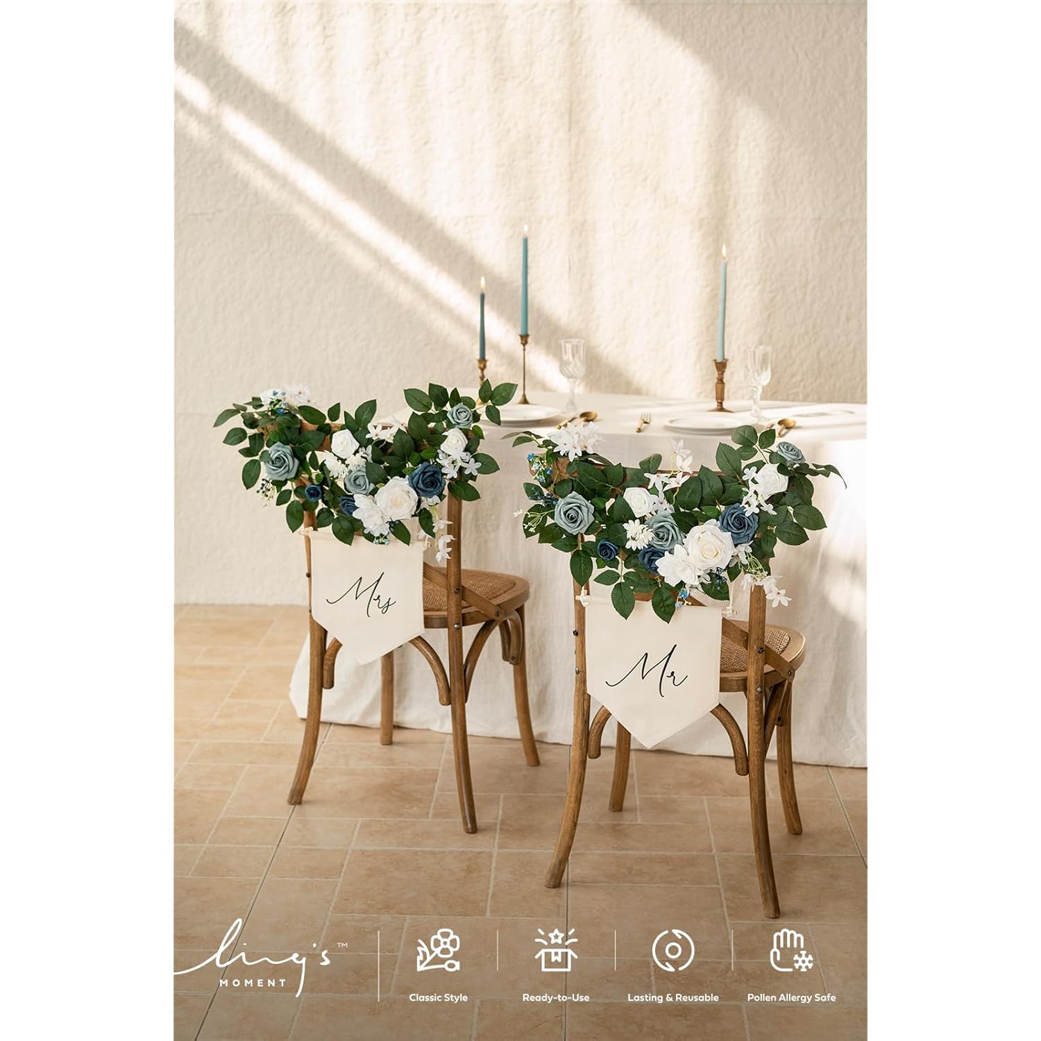 Mr And Mrs Sign,Bride And Groom Chair Sign For Wedding Chair Decor,2 Pack Artificial Flower Garland For Wedding,Party,Home Centerpiece Table Decorations (Dusty Blue & Navy)