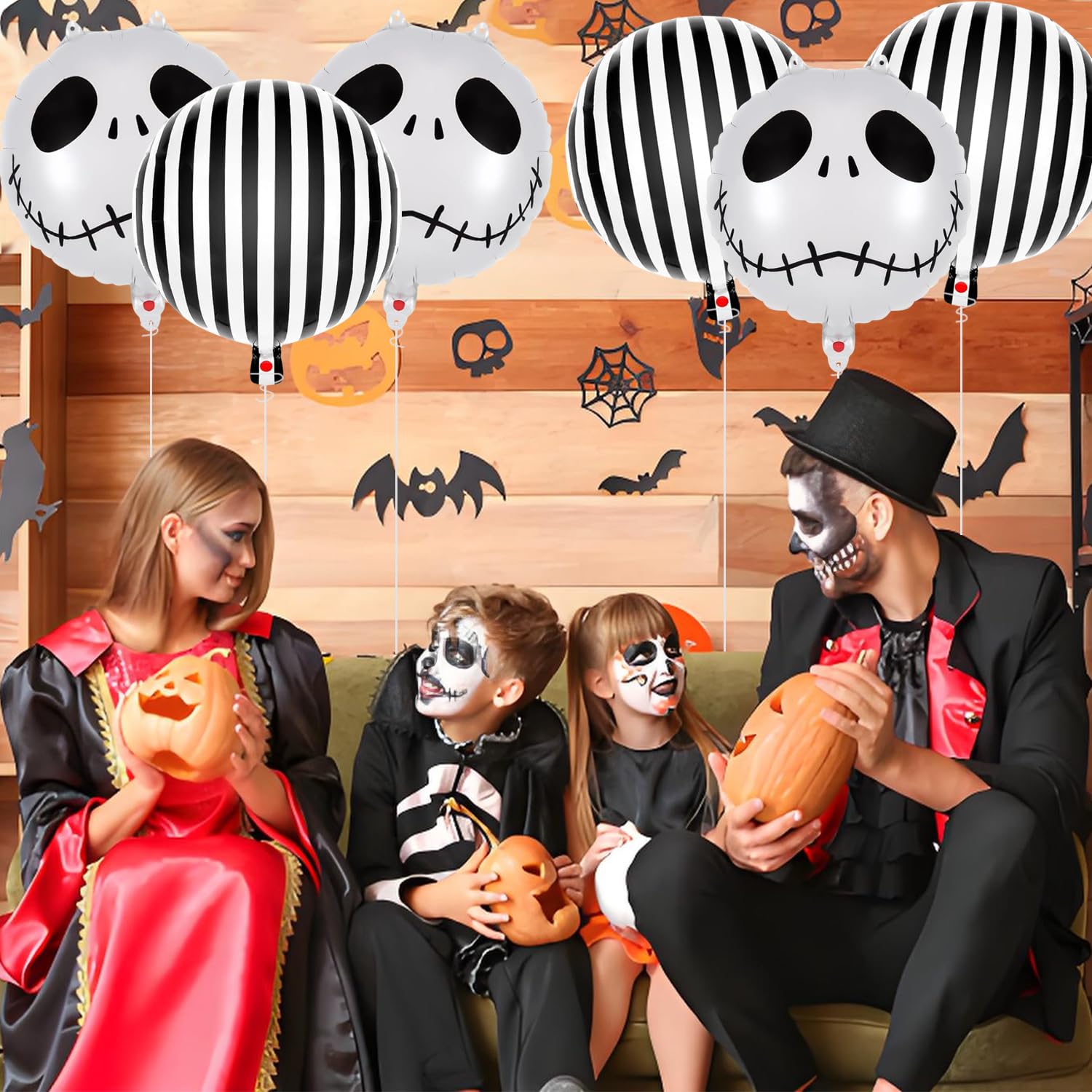 6Pcs Skull Foil Black And White Striped Balloons For Halloween Party Decorations, Black And White Halloween Decor, Nightmare Before Christmas Trunk Or Treat And Party Decorations