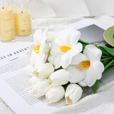 16 Pcs Artificial Tulips Flowers White Pu Realistic Faux Tulip Stems 12 Buds & 4 Full Blooms Fake Flowers For Home Table Wedding Spring Easter Decor
