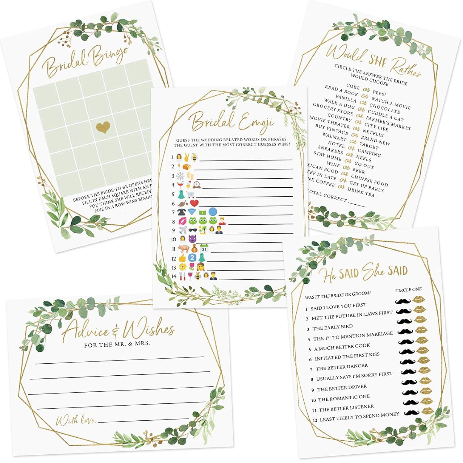 Bridal Shower Game Set – 5 Fun Games And Activities For 50 Guests, Includes Bingo, Trivia, And Advice Cards, Botanical Greenery Wedding Shower Games