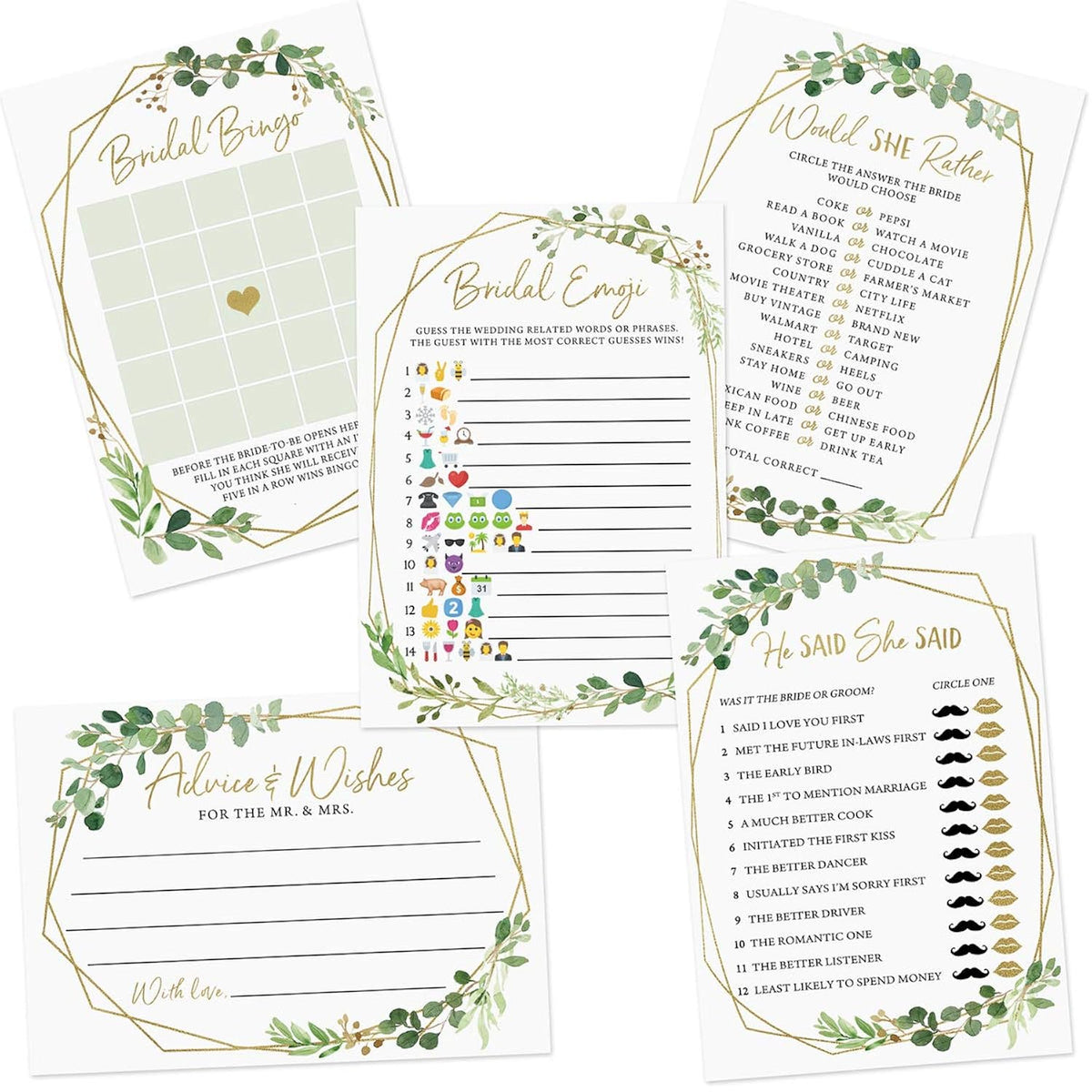 Bridal Shower Game Set – 5 Fun Games And Activities For 50 Guests, Includes Bingo, Trivia, And Advice Cards, Botanical Greenery Wedding Shower Games