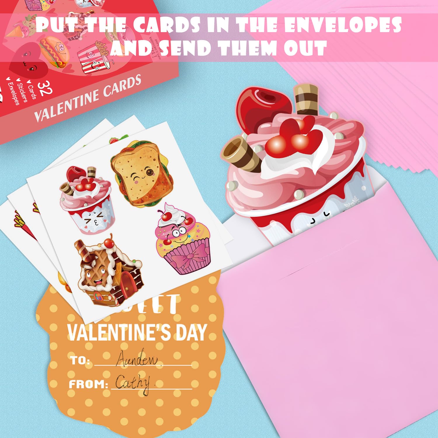 Valentines Day Cards For Kids - 32 Pack Valentines Day Exchange Cards For Children With Cute Pink Envelopes Stickers/Bookmarks Perfect Valentines Day Cards For School Classroom Exchange Gifts